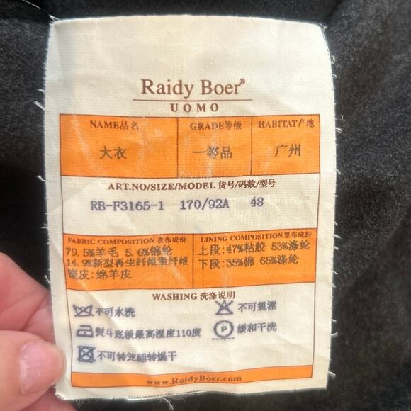 RAIDY BOER Men's Wool Removable Fur Collar Leather Trim Black Coat 38 US/48 EU - Picture 8 of 10